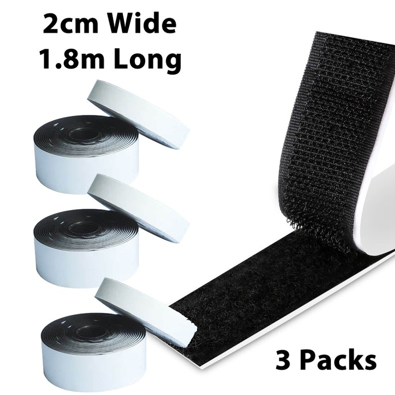 2cm x 1.8m Black Hook & Loop Tape, Self Adhesive , Double Sided, Sticky, Strip zdjęcie 3