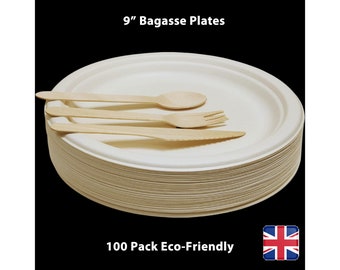 100 Bagasse  9" Plates Disposable Paper Round Party BBQ Catering Biodegradable Eco