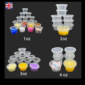 May include: Set of clear plastic containers in four sizes: 1 oz, 2 oz, 3 oz, and 4 oz. Each size is stacked in a pyramid shape. The containers are filled with various colourful items, such as beads, glitter, and slime.
