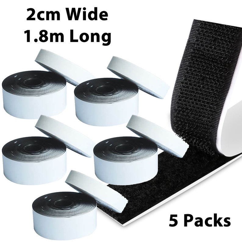 2cm x 1.8m Black Hook & Loop Tape, Self Adhesive , Double Sided, Sticky, Strip 5 Pack