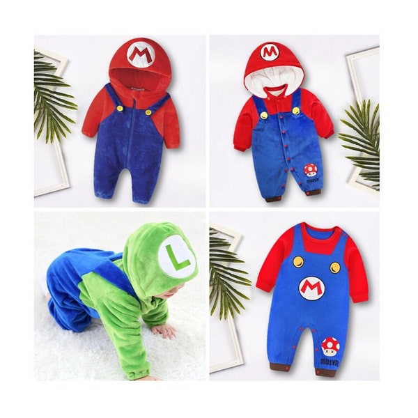 Newborn super mari baby rompers baby Mario Cosplay. Baby clothes, baby shower gift. Mari warm costume. Luig warm costume.