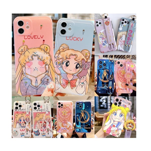 Cute Cartoon Anime Pretty Warrior Wrist Strap iPhone Case for iPhone 7 8 Plus XR XS mini 11 12 13 14 15 Pro Max. Cute gifts for her.
