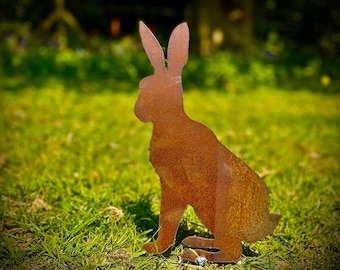Exterior Rustic Metal Sitting Hare Rabbit Garden Stake Yard Art  Flower Bed Vegetable Patch Hutch Sculpture  Gift   Present