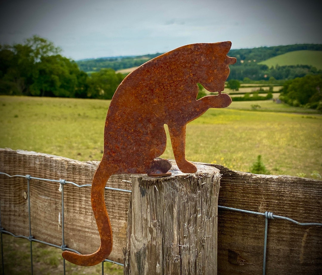 Large Exterior Rustic Rusty Metal Cat Washing Feline Garden Gate Post ...