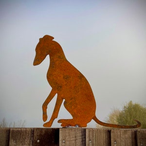 Exterior Rustic Rusty Metal Whippet Sitting Greyhound Dog Pet Animal Garden Stake Fence Topper Wall Sign Yard Art Sculpture Gift