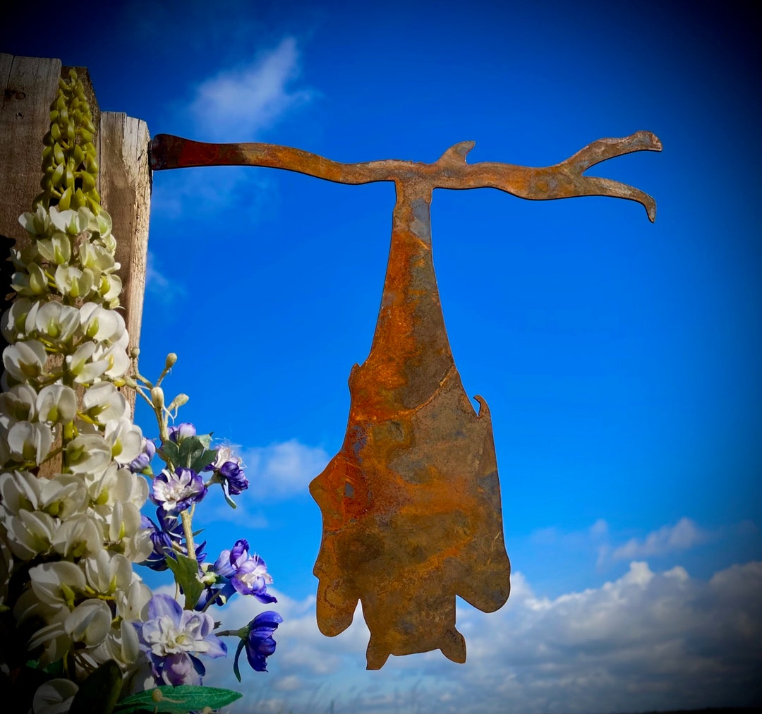 Exterior Rusty Rustic Metal Hanging Roosting Bat Bats Garden Art Wall ...