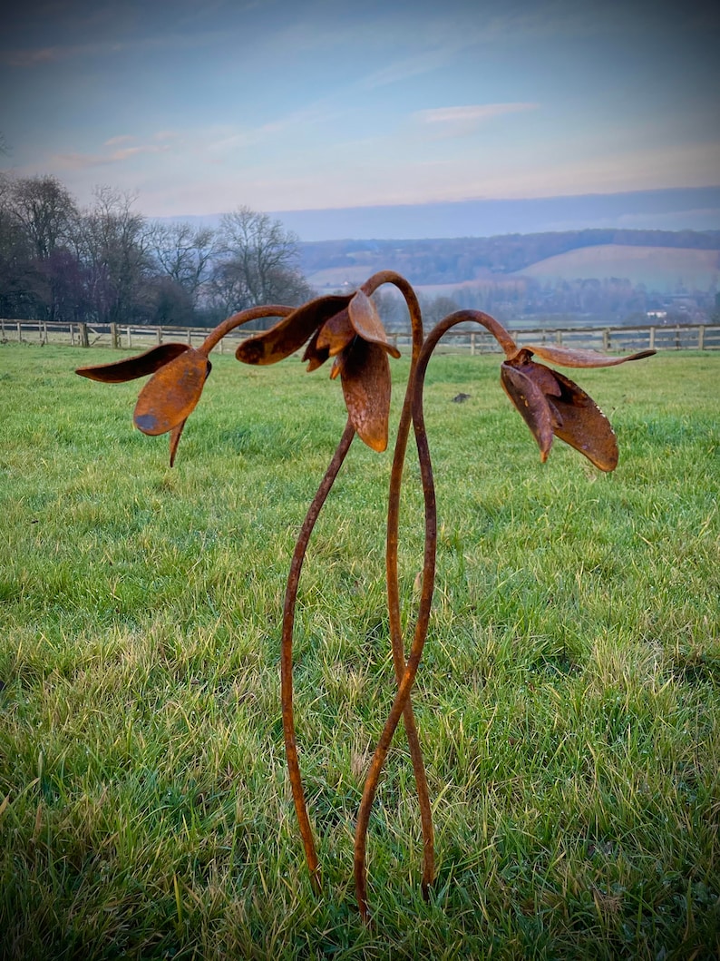 Exterior Rustic Rusty Metal Snowdrops Flower Garden Art Garden Stake Yard Art Sculpture Spring Gift Present image 1