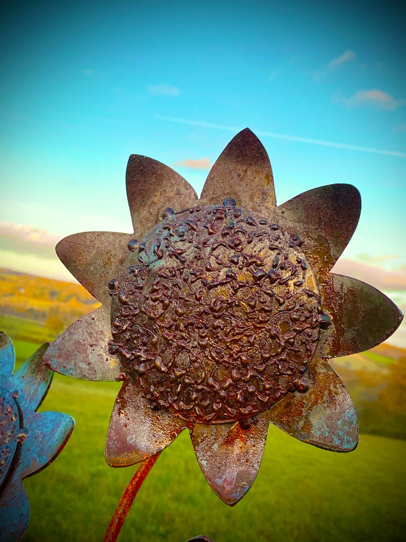 Exterior Rustic Bunch Of Sunflowers Flowers Rusty Metal Garden Stake Yard Art Centre Piece Flower Bed Sculpture Idea Gift image 3