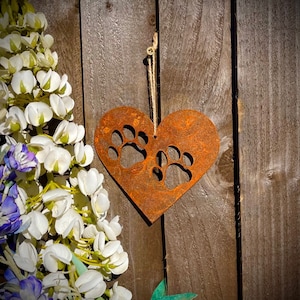 Rustic Rusty Metal Double Paw Print Love Heart Pet Dog Cat Memorial Gift Present