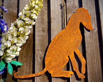 Escultura de pared rústica de metal oxidado con forma de whippet sentado, perro galgo, mascota, animal, escultura de arte, regalo