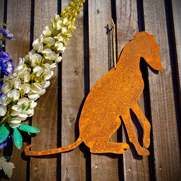 Exterior Rustic Rusty Metal Whippet Sitting Greyhound Dog Pet Animal Wall Hanging Art Sculpture Gift