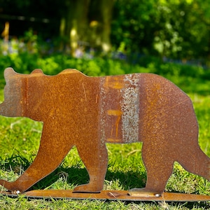 Small Exterior Rustic Metal Grizzly Bear Garden Stake Yard Art  / Flower Bed / Vegetable Patch / Centre Piece Sculpture  Gift