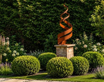 Large Exterior Rustic Spiral Fire Energy Flowing Organic Metal Garden Stake Yard Art  Centre Piece Flower Bed Sculpture  Gift