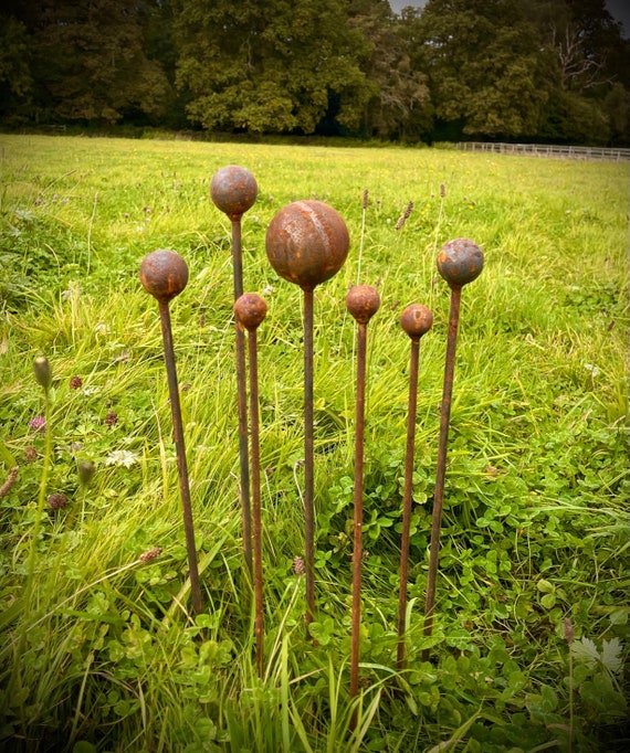 Exterior Rustic Rusty Metal Garden Ball Stake Plant Support Etsy
