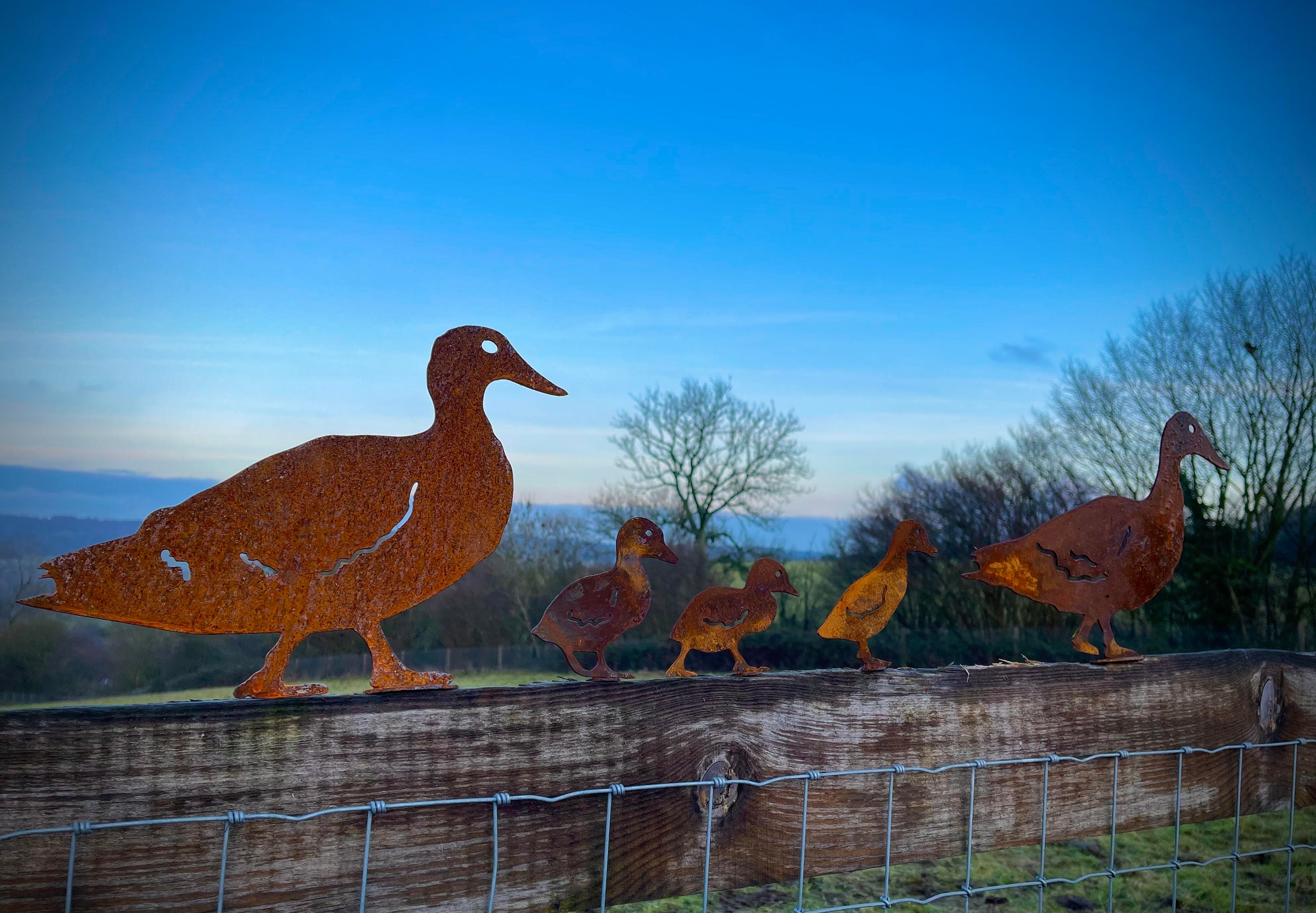 Exterior Rustic Rusty Metal Duck Family Quack Farm Animal Fence Topper Yard Art  Pond Art Vegetable Patch Sculpture  Gift
