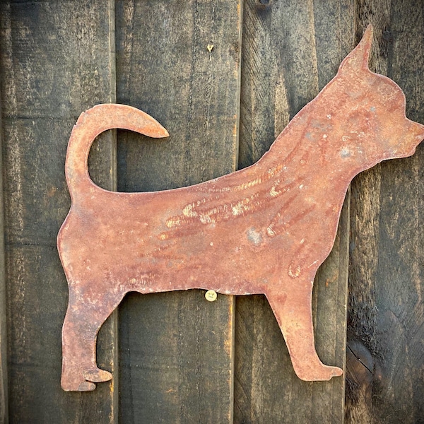 Small Exterior Rustic Rusty Chihuahua Little Dog Small Pet Garden Wall Hanger House Gate Fence Sign Hanging Metal Art Shed Sculpture