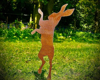 Äußeres Rustikales Metall Boxing Hase Garten Pfahl Yard Art / Blumenbeet Skulptur Geschenk Geschenk