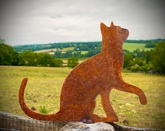 Exterior Rustic Rusty Metal Cat Looking Back Feline Garden Stake Fence ...