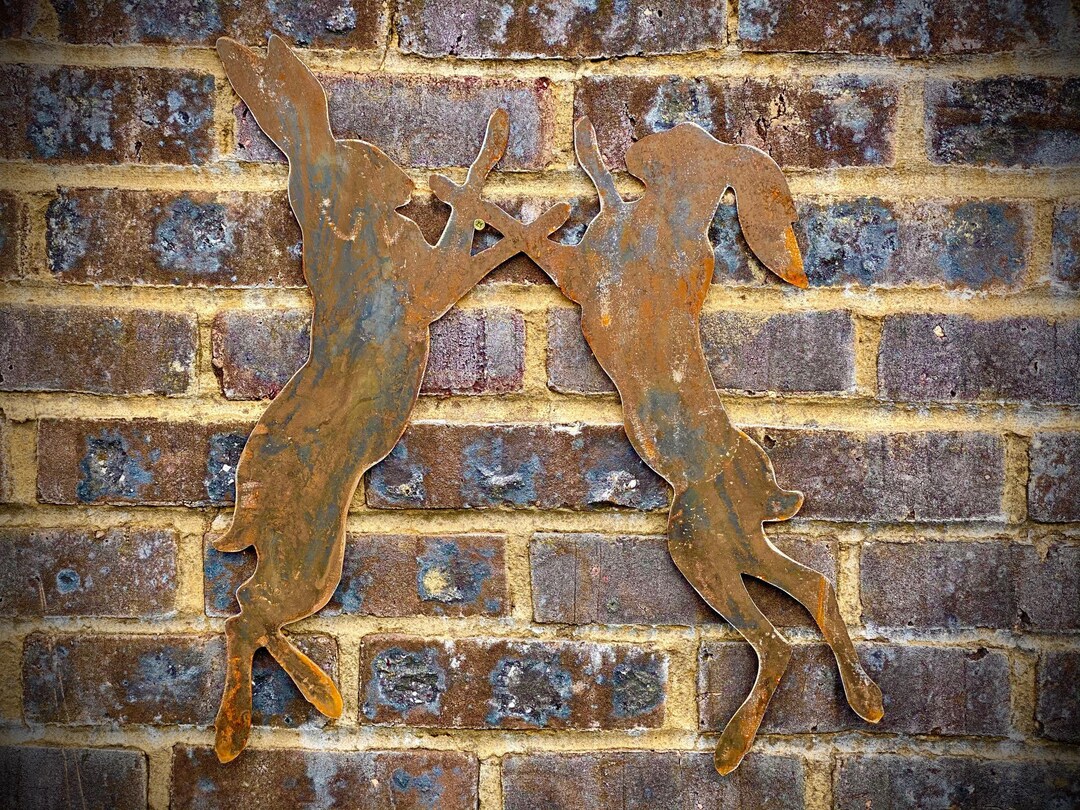 Exterior Small Rustic Metal Boxing Hares Rabbit Garden Wall House Fence ...