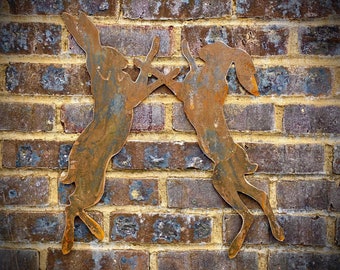 Exterior Small Rustic Metal Boxing Hares Rabbit Garden Wall House Fence Sign Art Sculpture  Gift   Present