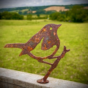 Könnte beinhalten: Eine rostige Vogelskulptur aus Metall, die auf einem Ast sitzt. Der Vogel blickt nach rechts und hat ein detailliertes Design. Die Skulptur ist vor einem verschwommenen Hintergrund aus grünem Gras und einem entfernten Hügel platziert.