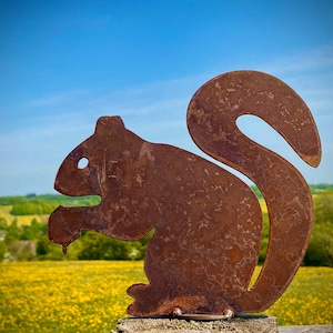 May include: A rusty metal squirrel sculpture with a bushy tail, standing on a stone wall against a backdrop of a green field and a blue sky.
