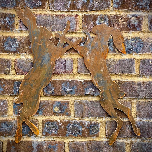 Exterior Large Rustic Metal Boxing Hares Rabbit Garden Wall Hanging Yard Art Fence Shed Gate Home Sculpture  Gift   Present