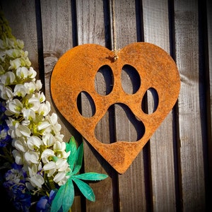 Rustic Rusty Metal Paw Print Love Heart Pet Dog Cat Memorial Gift Present