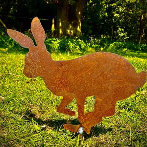 May include: A rusty brown metal hare garden sculpture in a running pose. The hare is set in a grassy lawn with a blurred background of trees and a fence. The sculpture is designed to be placed in a garden.