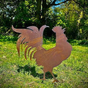 Exterior Rustic Metal Cockerel Chicken Garden Stake Yard Art  / Flower Bed Sculpture  Gift   Present