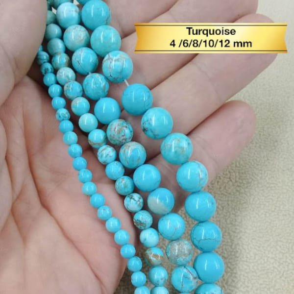 Brin de perles de TURQUOISE en véritable pierre naturelle, Rang, Fil  de perle ronde lisse 4 6 8 10 mm pour création bijoux, bracelet