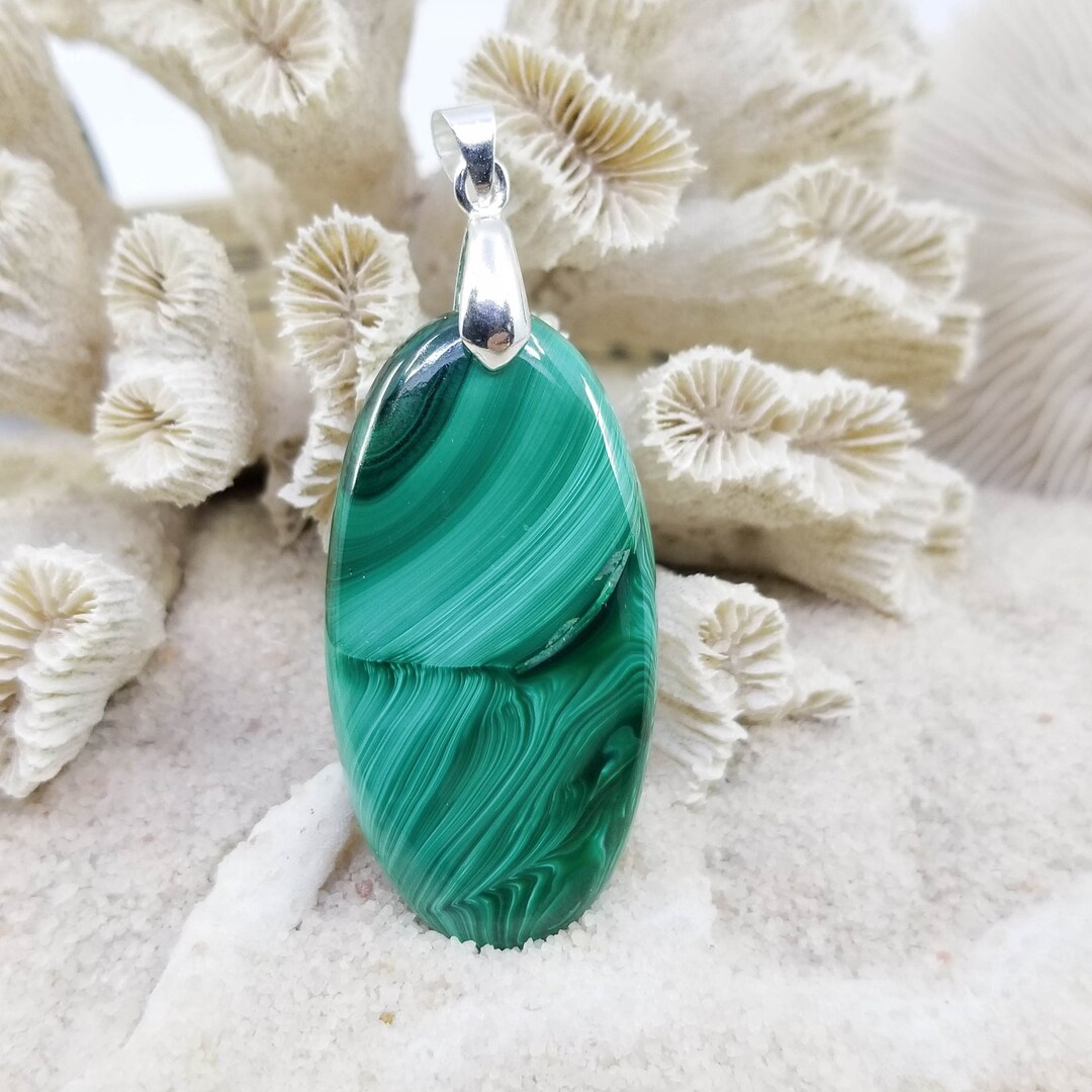 ◇HYERES LOR◇ Fenidor Silver (Y) Flat Necklace Malachite HL Malachite Pendant, Semi-precious Natural Stone, Lithotherapy
