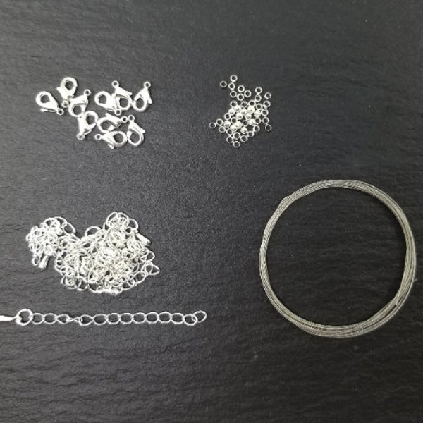 Kit de montage pour perles Heisi, plates, cubiques avec câble de fil d'acier souple, perles à écraser, pinces homard, chainettes argent