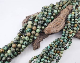 Perle de Turquoise africaine en véritable pierre naturelle, ronde lisse, semi précieuse, 6 et 8 mm pour fabrication de bijoux, loisirs