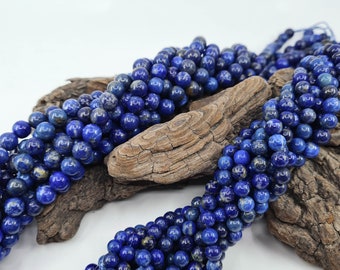 Perles de Lapis Lazuli en véritable pierre naturelle, ronde lisse, semi précieuse, en 6 et 8 mm pour fabrication de bijoux, loisirs créatifs