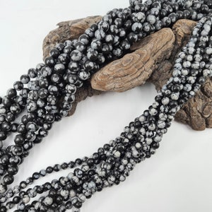 Round pearl in snow obsidian, real semi-precious natural stone, caliber 6 and 8 mm for manufacturing, creation of jewelry