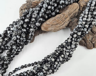 Perle d'Obsidienne neige en véritable pierre naturelle, ronde lisse, semi précieuse, 6 et 8 mm pour fabrication de bijoux, loisirs créatifs