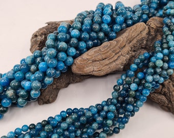 Blue Apatite bead, real natural stone, smooth round, semi-precious, 6 and 8 mm for jewelry making and creative hobbies