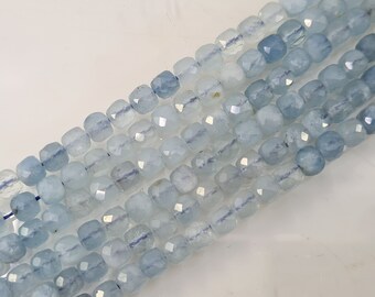 Aigue marine perle cube à facettes 4,5 mm, pierre naturelle pour, bracelet, collier, bijou artisanale, perles cubique facettées, Heishi
