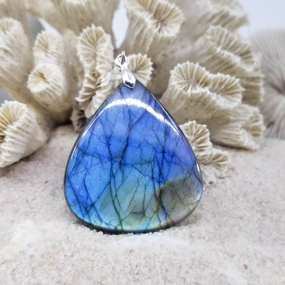 Collier Pendentif Labradorite Pierre Naturelle - Lithothérapie, Bleu Gris, Neuf Sans Emballage