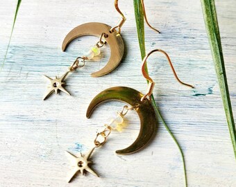 Celestial Opal Moon earrings, brass Moon star earrings, Opal jewelry, Crescent Moon gold earrings,  Gift for her