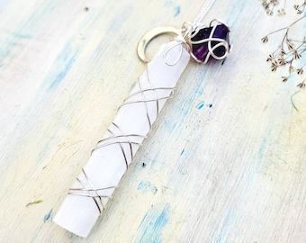 Selenite Fluorite Crystal Pendant Necklace: Sterling Silver Moon Charm