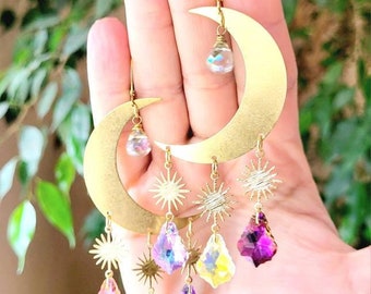 Crescent Moon Suncather earrings, Rainbowcrystal gold dangle teadrop earrings, Goddess Crystal earrings, Boho jewelry
