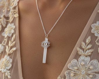Selenite Necklace Evil Eye • Moon Pendant • Sterling Silver or Stainless Steel • Protection Jewelry • Spiritual Gift for Her • Boho Crystal
