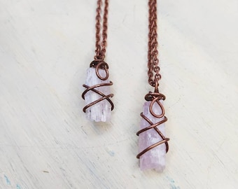 Small raw Kunzite necklace pendant, Pink Kunzite in Copper, Kunzite jewelry