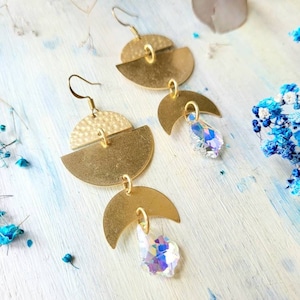 Celestial Suncather earrings, Rainbow suncatcher gold boho dangle teadrop Moon phase earrings, Boho Festival jewelry