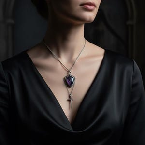 Amethyst Dagger Necklace, Gothic Crystal Pendant, Witch Talisman Necklace, Dark Fantasy Jewelry, Medieval Dagger Necklace, Witchy Jewelry