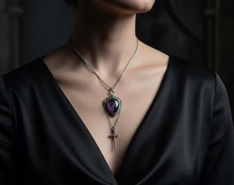 Amethyst Dagger Necklace, Gothic Crystal Pendant, Witch Talisman Necklace, Dark Fantasy Jewelry, Medieval Dagger Necklace, Witchy Jewelry