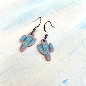 Cactus copper patina earrings, Nature inspired plant lovers Blue Copper drop earrings, Copper anniversary gift