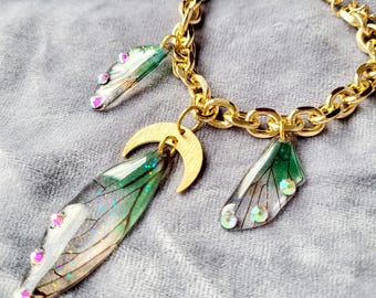 Brass Pet Collar, Green and Gold Chain, Moon and Wings Charm